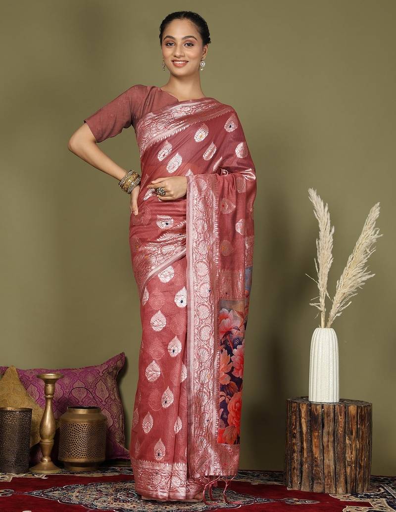 rust color linen cotton woven work flower pallu saree 