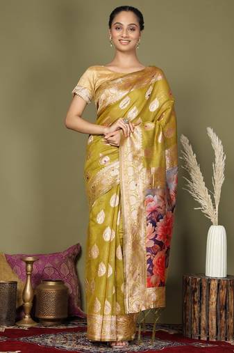 mehandi green color linen cotton woven work flower pallu saree 