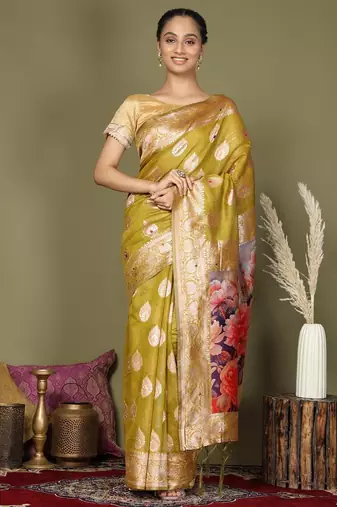 mehandi green color linen cotton woven work flower pallu saree 