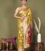 mehandi green color linen cotton woven work flower pallu saree 