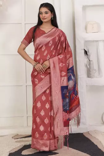 maroon color woven linen cotton flower & peacock pallu saree