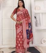 maroon color woven linen cotton flower & peacock pallu saree