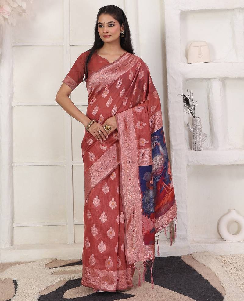 maroon color woven linen cotton flower & peacock pallu saree