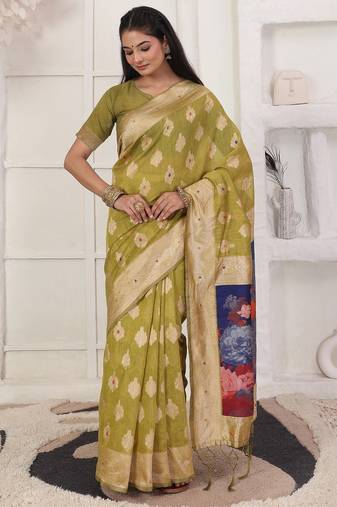 mehandi green color woven linen cotton flower & peacock pallu saree