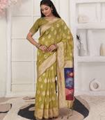 mehandi green color woven linen cotton flower & peacock pallu saree