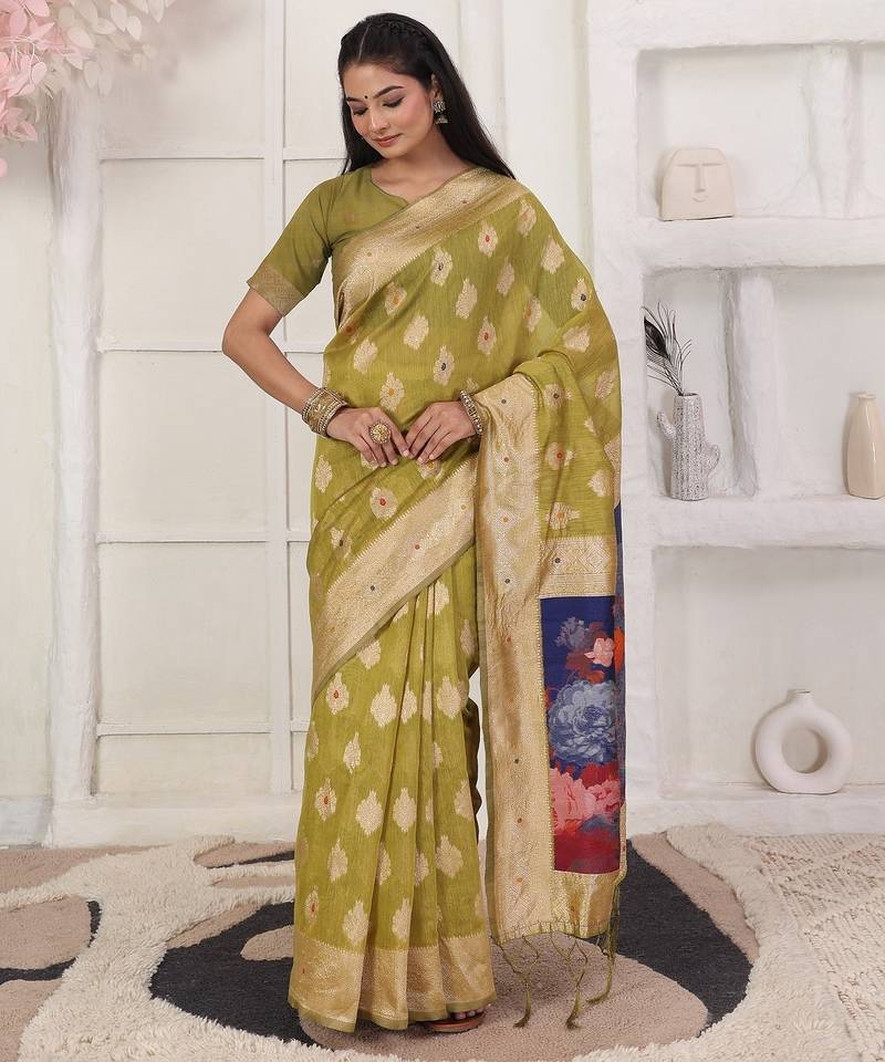 mehandi green color woven linen cotton flower & peacock pallu saree