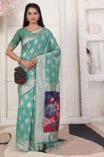 rama green color woven linen cotton flower & peacock pallu saree
