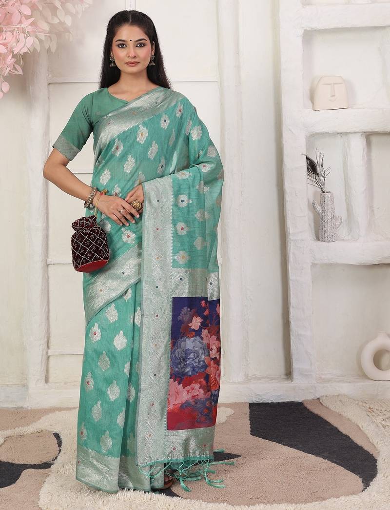 rama green color woven linen cotton flower & peacock pallu saree