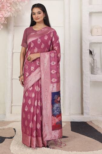 pink color woven linen cotton flower & peacock pallu saree