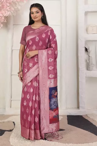 pink color woven linen cotton flower & peacock pallu saree
