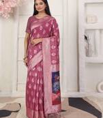 pink color woven linen cotton flower & peacock pallu saree