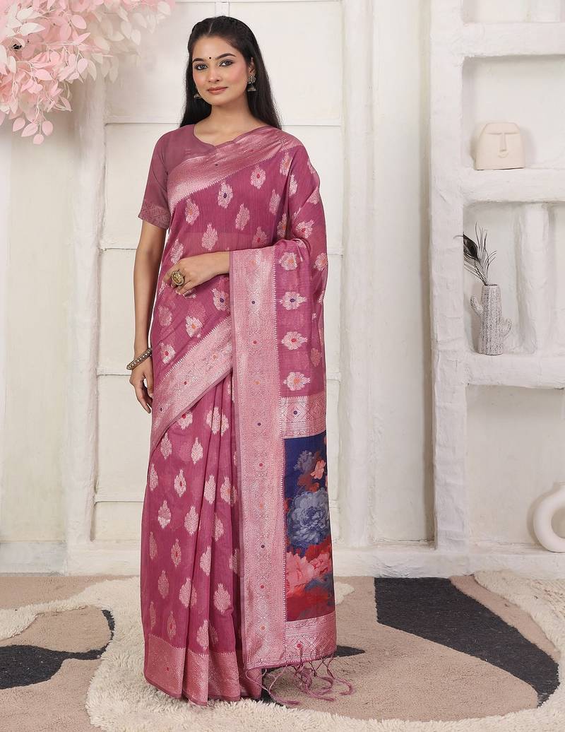 pink color woven linen cotton flower & peacock pallu saree