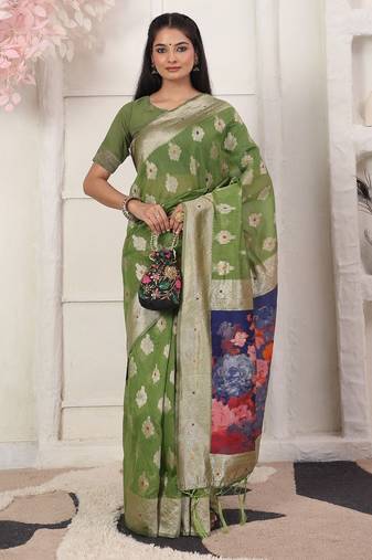 green color woven linen cotton flower & peacock pallu saree