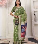green color woven linen cotton flower & peacock pallu saree