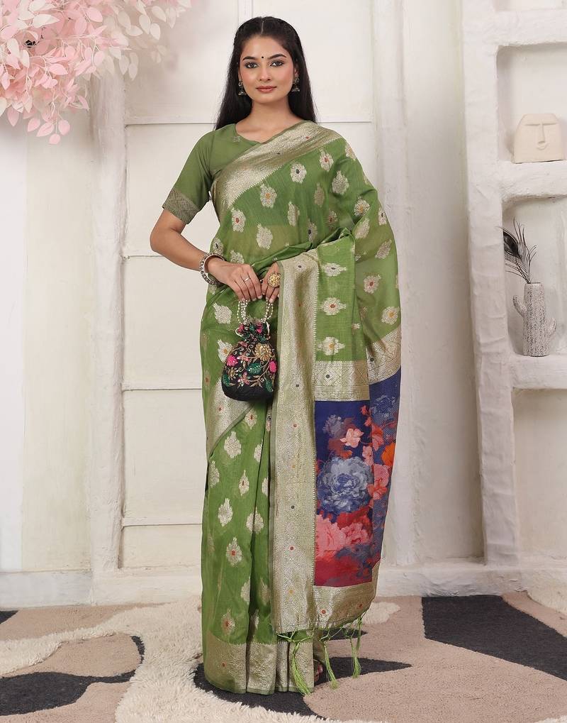 green color woven linen cotton flower & peacock pallu saree