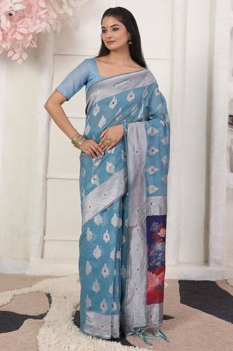 sky blue color woven linen cotton flower & peacock pallu saree