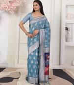 sky blue color woven linen cotton flower & peacock pallu saree