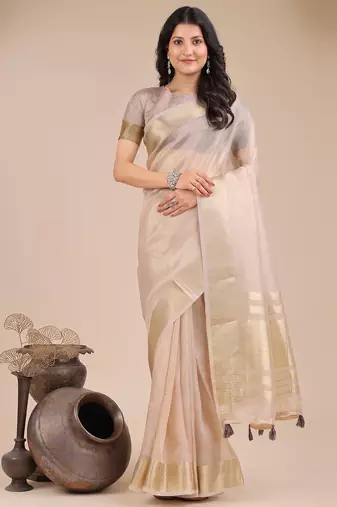 light Beige color woven orgenza saree with blouse