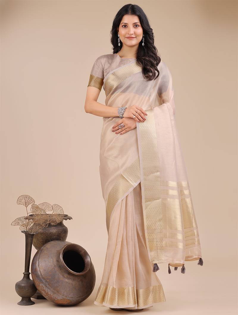 light Beige color woven orgenza saree with blouse