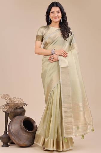 light green color woven orgenza saree with blouse