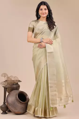 light green color woven orgenza saree with blouse