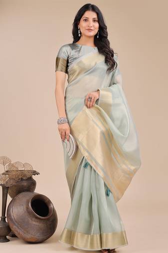 sea green color woven orgenza saree with blouse
