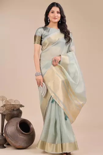 sea green color woven orgenza saree with blouse