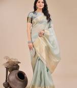 sea green color woven orgenza saree with blouse