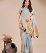sky blue color woven orgenza saree with blouse