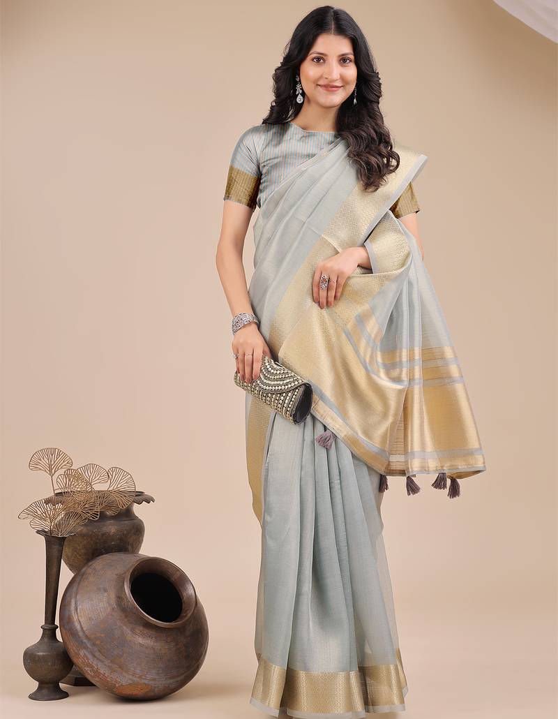 sky blue color woven orgenza saree with blouse
