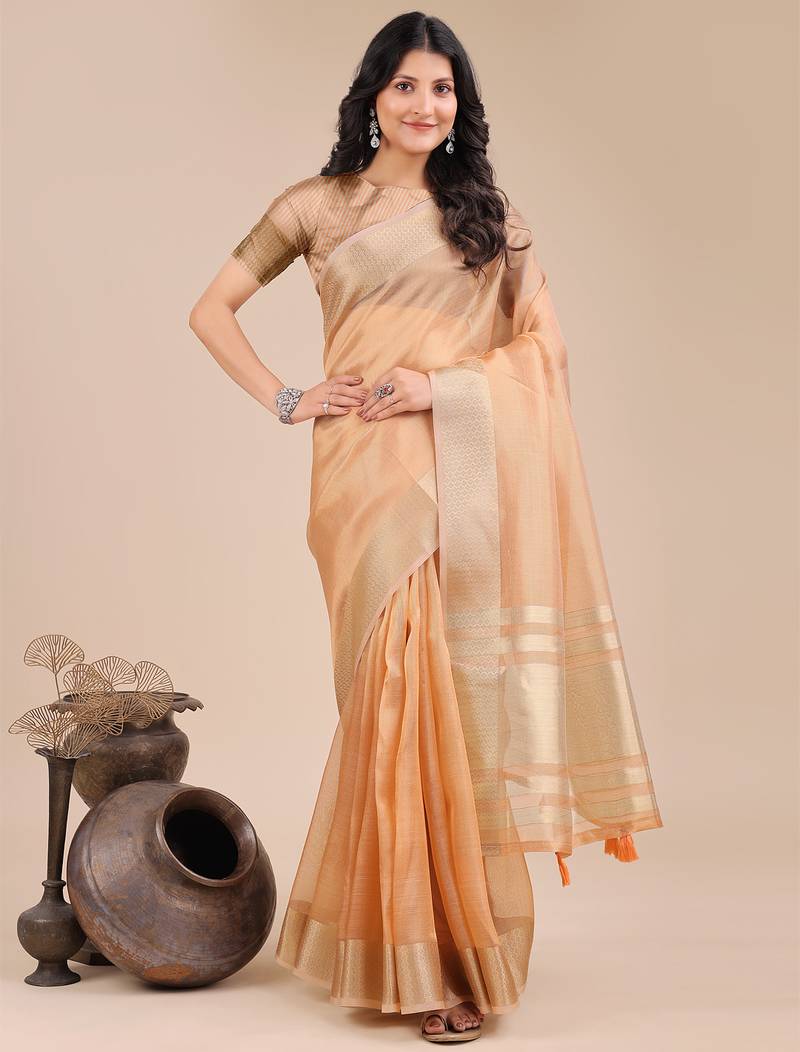 orange color woven orgenza saree with blouse