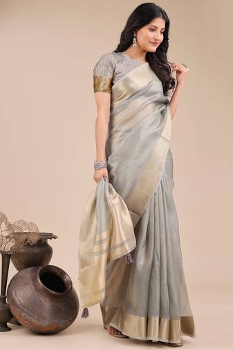grey color woven orgenza saree with blouse