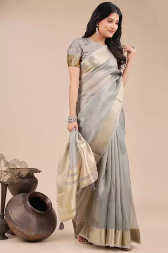 grey color woven orgenza saree with blouse