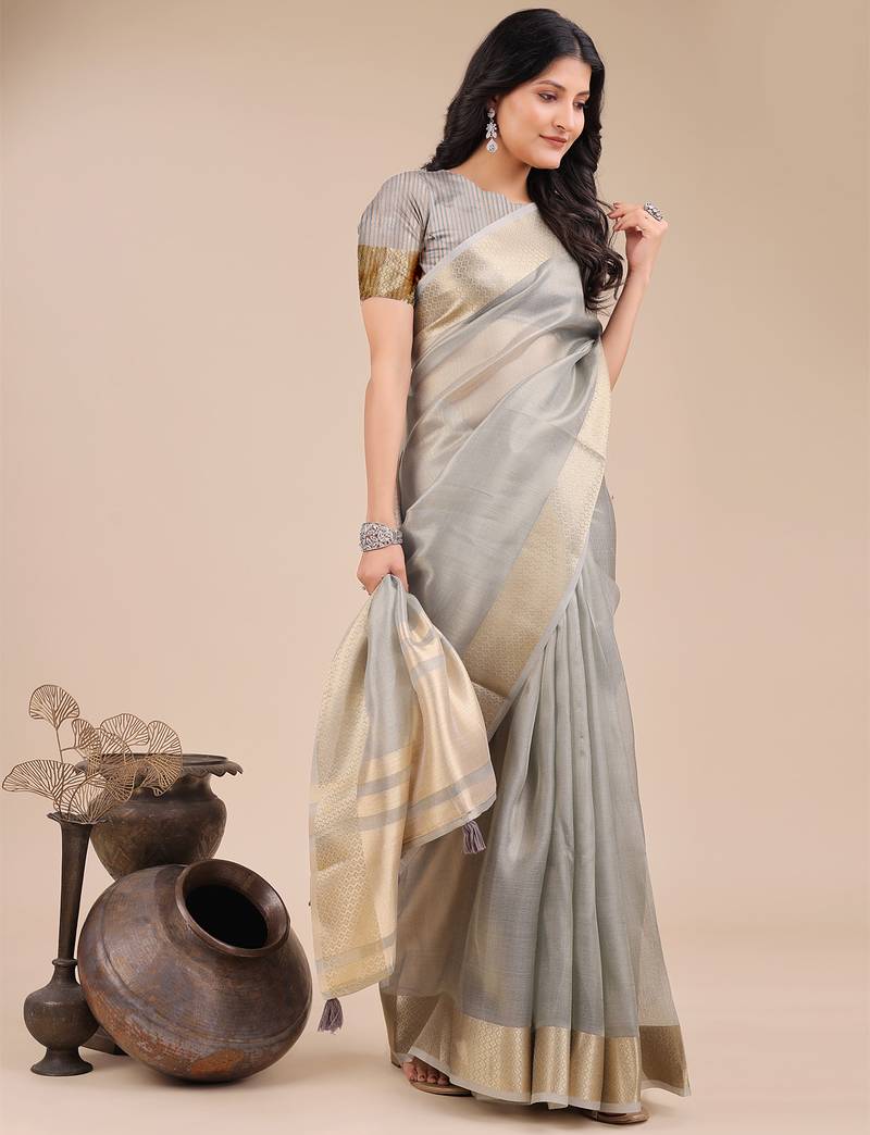 grey color woven orgenza saree with blouse