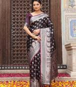 wine color zari woven silk blend saree with un-stitch blouse