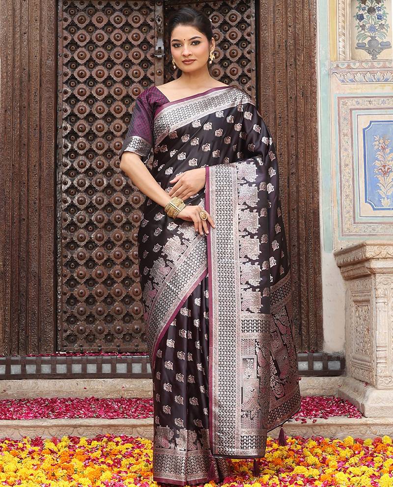 wine color zari woven silk blend saree with un-stitch blouse