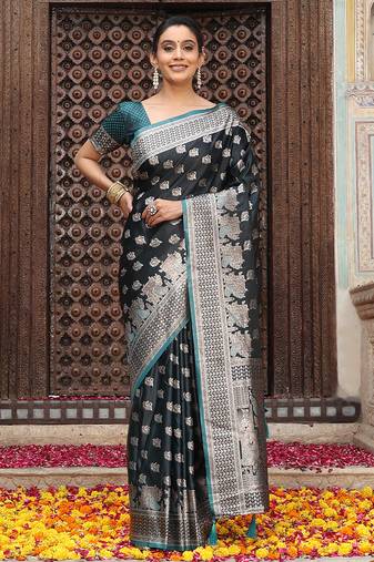 teal color zari woven silk blend saree with un-stitch blouse