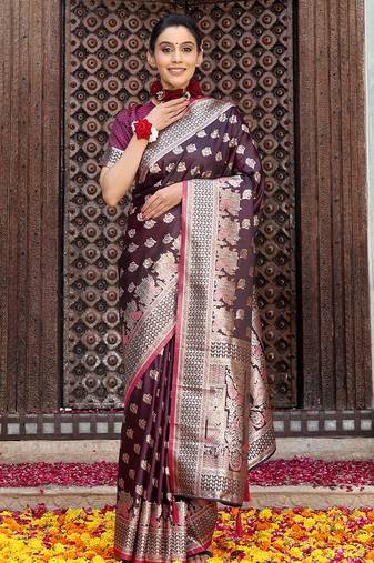 purple color zari woven silk blend saree with un-stitch blouse