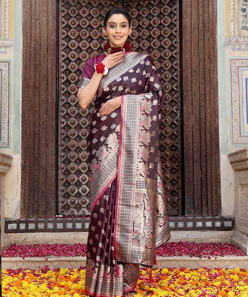 purple color zari woven silk blend saree with un-stitch blouse