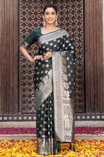 green color zari woven silk blend saree with un-stitch blouse