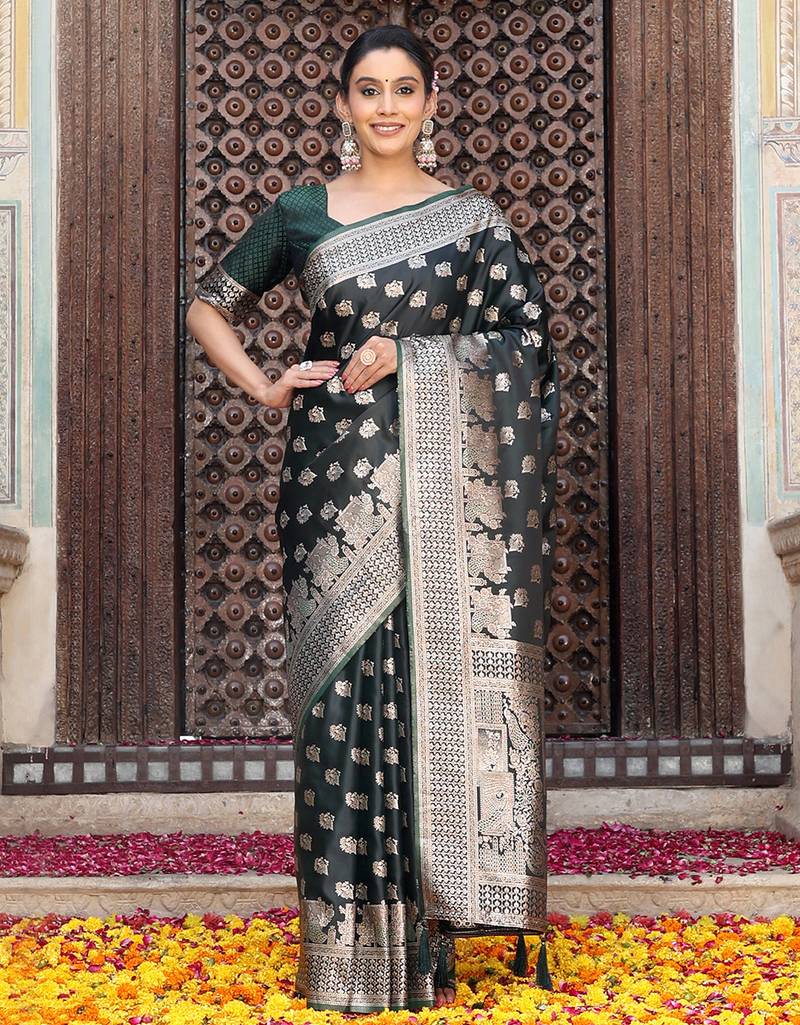 green color zari woven silk blend saree with un-stitch blouse