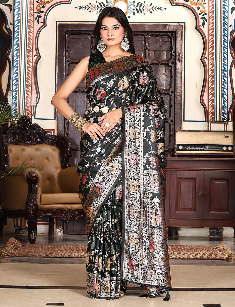 teal blue color zari woven silk blend saree with un-stitch blouse