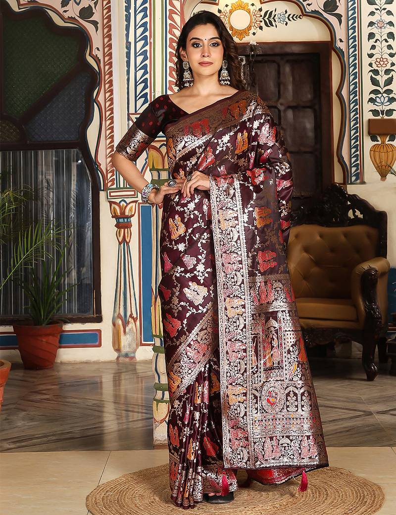 maroon color zari woven silk blend saree with un-stitch blouse