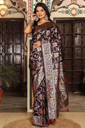 wine color zari woven silk blend saree with un-stitch blouse