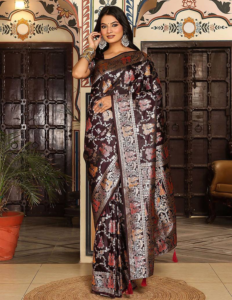 wine color zari woven silk blend saree with un-stitch blouse