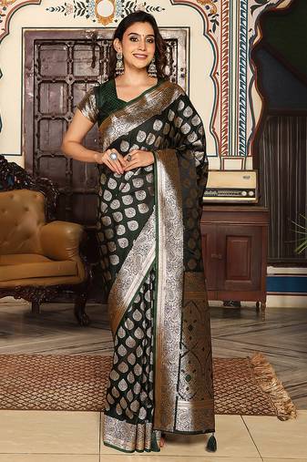 dark green color zari woven silk blend saree with un-stitch blouse