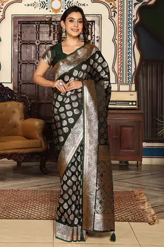 dark green color zari woven silk blend saree with un-stitch blouse