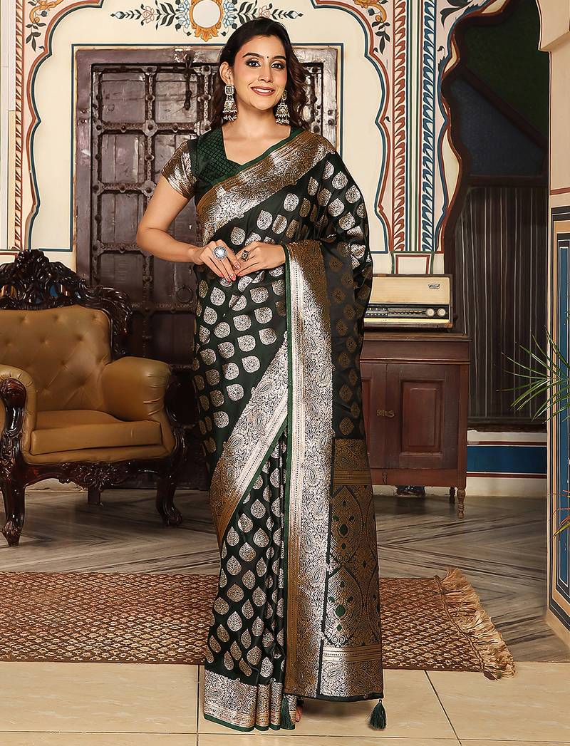 dark green color zari woven silk blend saree with un-stitch blouse