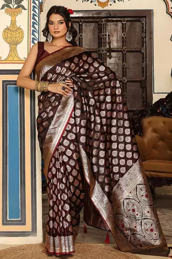 wine color zari woven silk blend saree with un-stitch blouse