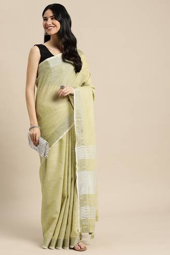 olive green color solid linen cotton border saree with blouse